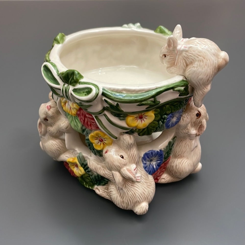 Fitz & Floyd Bunnies & Blooms Ceramic Simmering Oil Bowl Tealight/Candle Holder